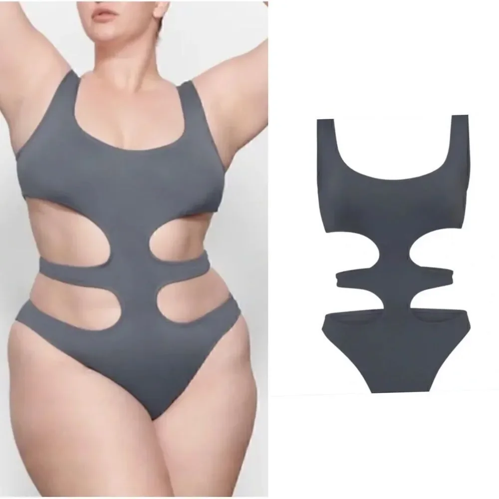 NWT Skims Swim Cutout Monikini in Grey Cobalt